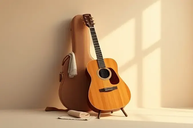 Violão protegido em suporte com flanela e case ao fundo, representando os cuidados diários com o instrumento