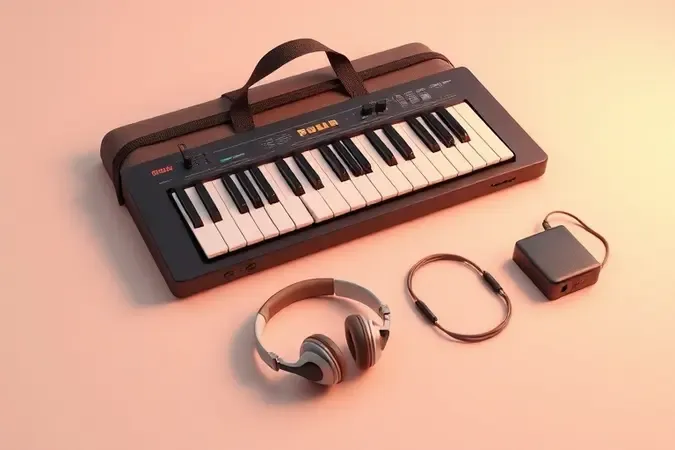 Kit de acessórios para teclado musical com maleta, fones e suporte em composição minimalista