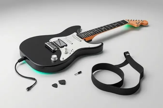 Conjunto de acessórios essenciais de guitarra como afinas, cabos, palhetas e correia sobre superfície limpa.