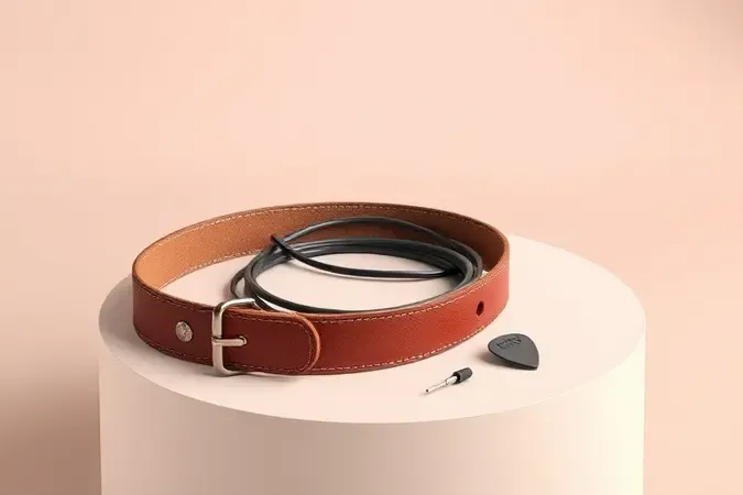 Cenaçoema minimalista com corda, cabo e correia de guitarra, representando acessórios essenciais para iniciantes.