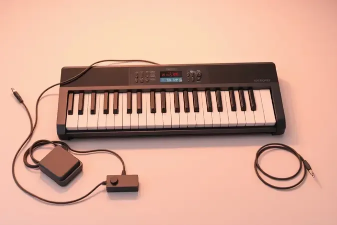 Acessórios musicais essenciais como suporte, pedal e cabos dispostos com um teclado em render 3D premium