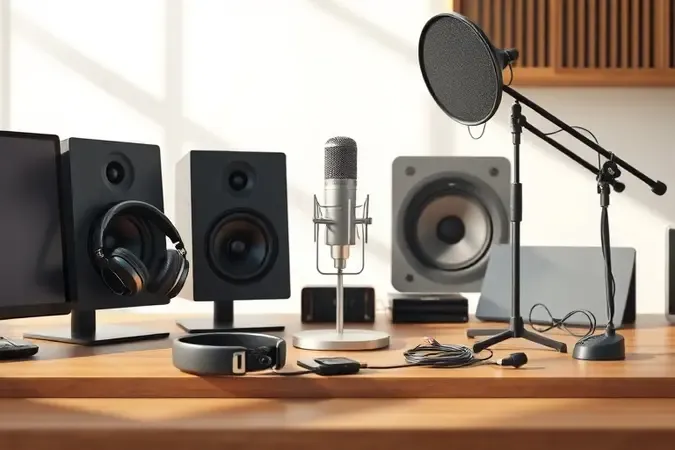 Acessórios complementares para home studio organizados em mesa com render 3D
