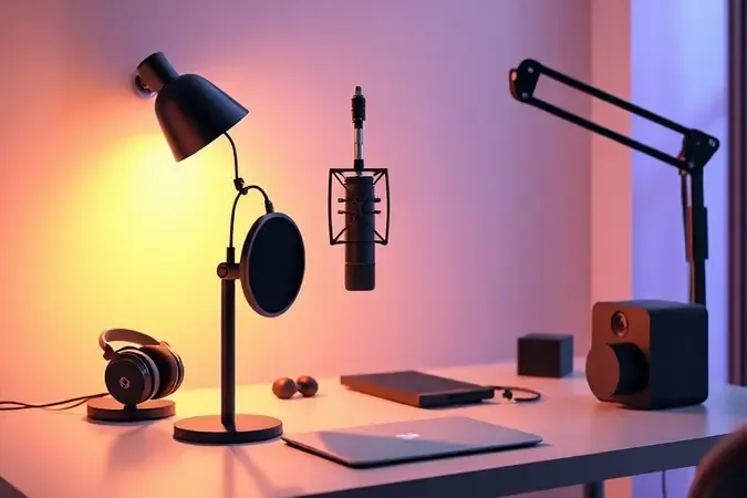 Acessórios essenciais para setup de podcast em 3d render, com microfone, filtro pop, braço articulado e fones de ouvido.