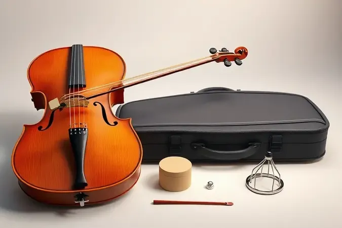 Conjunto de acessórios de violoncelo como arco, resina e case em arranjo minimalista