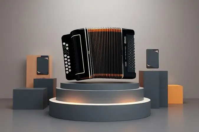 Render conceitual de acordeon moderno sobre pódio minimalista com formas geométricas flutuantes representando escolha e comparação