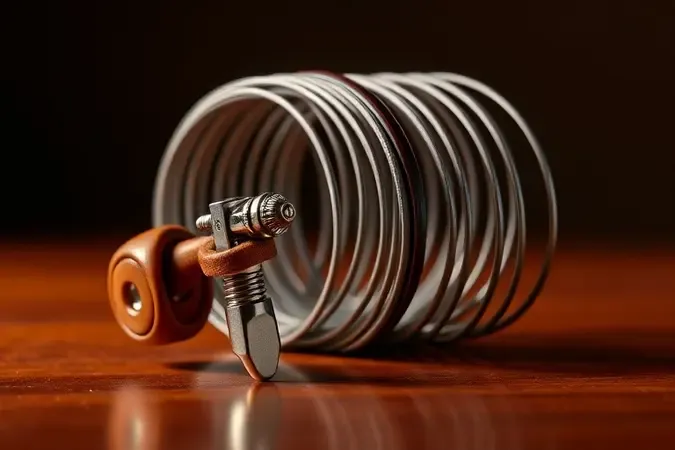 Cena 3D conceitual ligando afinacao e calibre de cordas de guitarra com mecanismo de tensão.