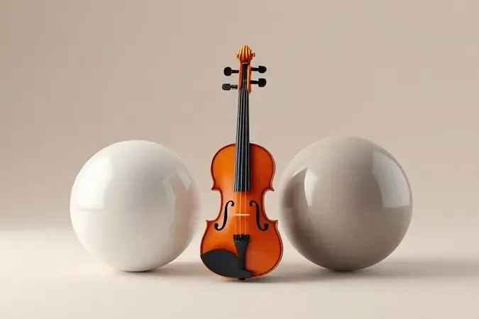 Violino infantil entre formas abstratas representando a decisão entre alugar ou comprar o instrumento