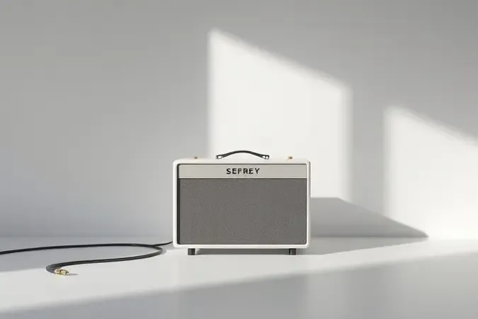 Amplificador moderno em cena 3D conceitual minimalista para indicar escolha de amplificador para iniciantes