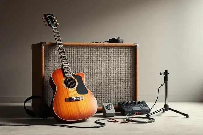 Amplificador, pedais e acessórios essenciais para guitarristas em composição conceitual moderna.