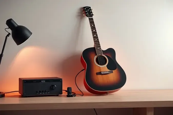 Render conceitual de violão elétrico conectado a amplificador compacto e interface de áudio minimalista.