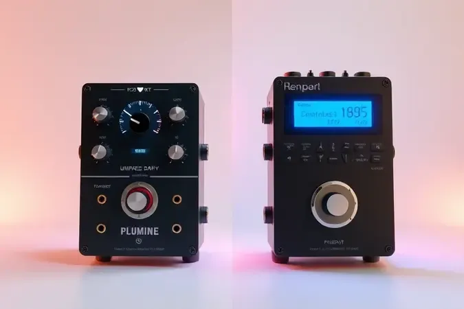 Comparação conceitual entre pedaleira analógica e digital para contrabaixo com tons neutros e acentos de luz