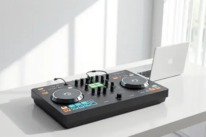Controladora de DJ e laptop minimalista representando prática e aprendizado de em ambiente limpo 3D