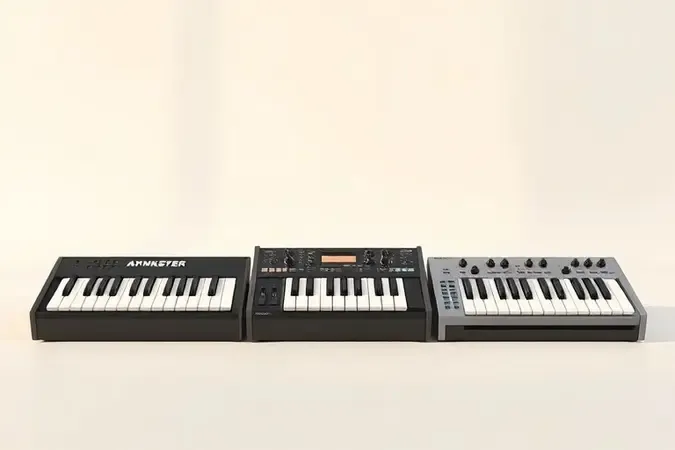 Três tipos distintos de teclados musicais lado a lado em superfície limpa com iluminação suave