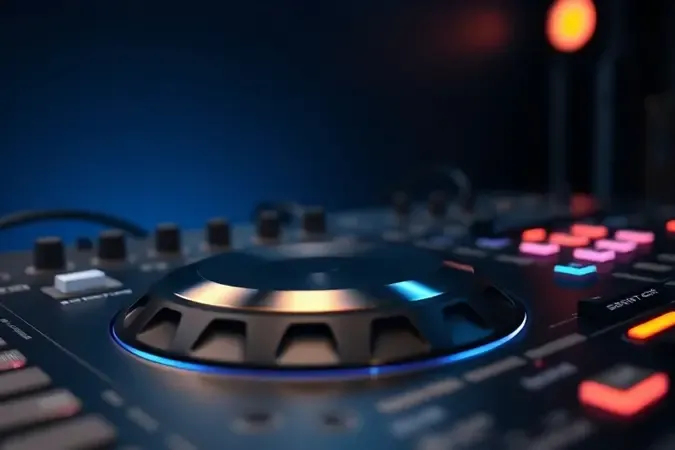 Detalhe técnico em 3D de jog wheel e faders de controladora de DJ para iniciantes de mixagem