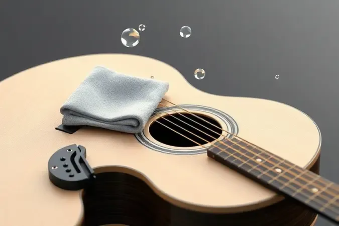 Cordas de violão de aço limpas com pano de microfibra em conceito de manutenção e durabilidade.