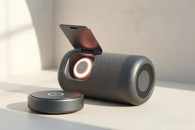 Caixa de som com bateria substituível em render conceitual sobre autonomia e manutenção.