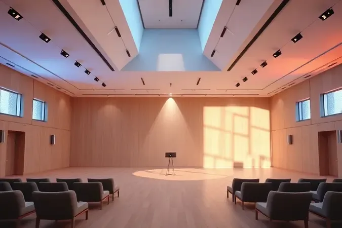 Ambiente interno amplo e vazio com caixa de som central, ilustrando avaliação de espaço para a escolha do equipamento.