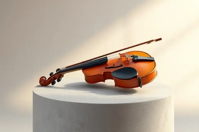 Arco e violino infantil em cena conceitual minimalista com iluminação suave e superfícies polidas