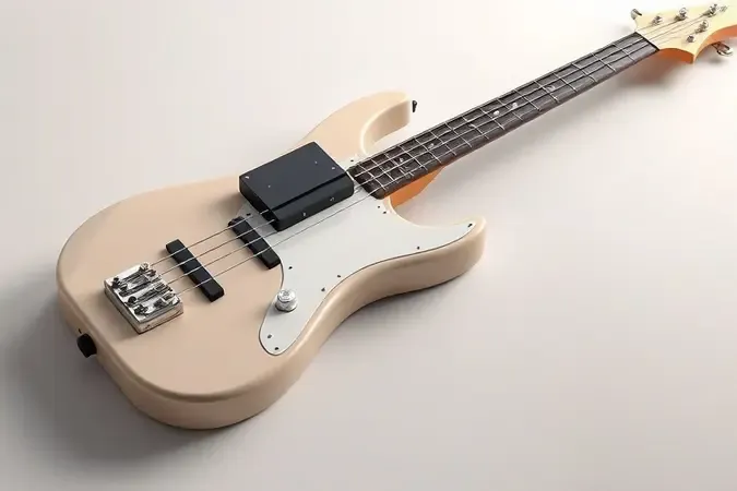 Render conceitual de baixo ativo com pré-amplificador, bateria e botões sobre superfície limpa e iluminação profissional.