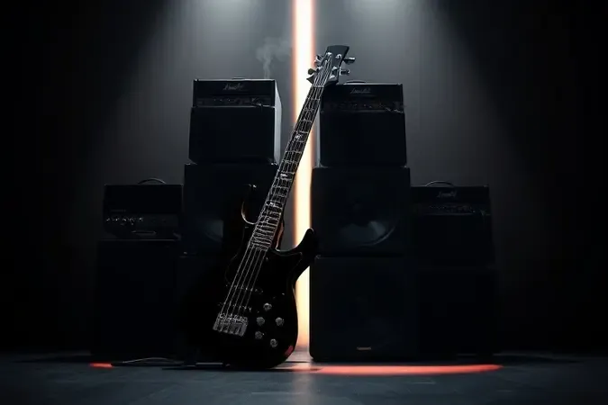 Concept 3D de baixo elétrico em ambiente de rock com caixas de som abstratas, iluminação dramática e tons escuros.