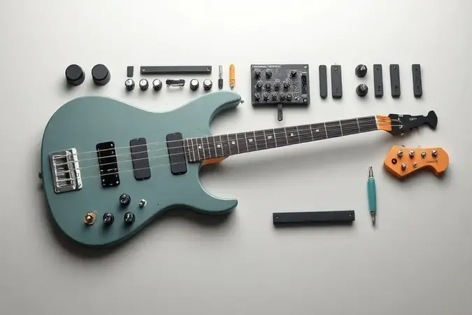 Versatile concept 3D of modular bass with pickups, knobs and detachable parts in layout neutro e clean.