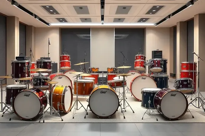Render 3D com várias baterias acústicas de diferentes tamanhos para diferentes perfis de baterista