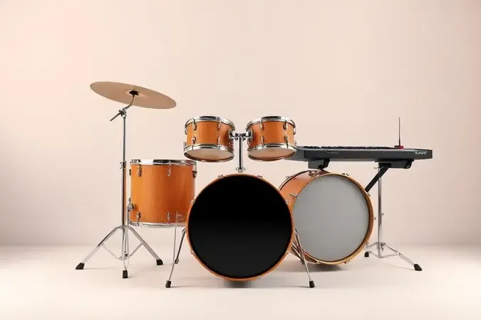 Comparação conceitual 3D entre bateria acústica e bateria eletrônica em estúdio minimalista.