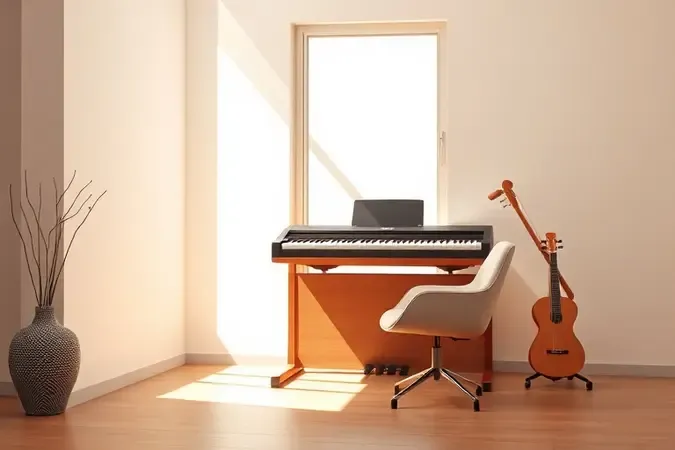 Teclado digital moderno em ambiente minimalista com luz natural e sensação sofisticada e acolhedora