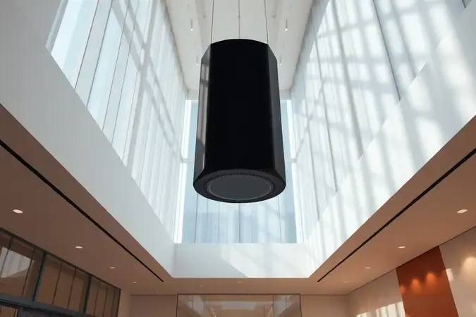 Render conceitual de caixa de som pêndulo suspensa em espaço de pé-direito duplo com iluminação dramática.