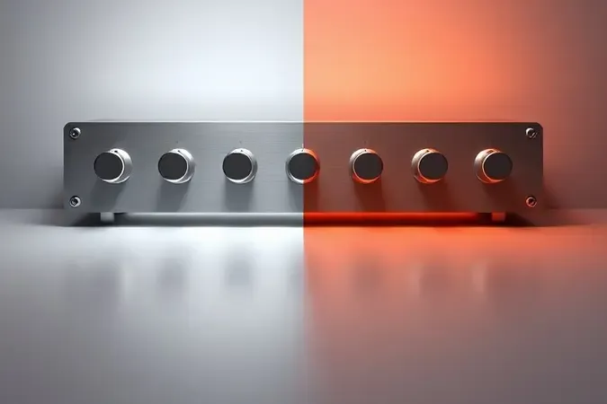 Painel de controle 3D com botões de amplificador de baixo sob iluminação dividida entre tom limpo e drive