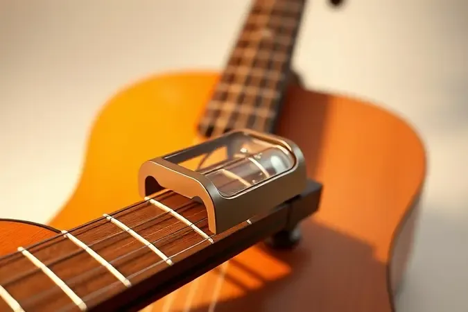Capotraste ajustado no braço de violão de nylon, reforçando a compatibilidade com instrumentos de cordas diversas.
