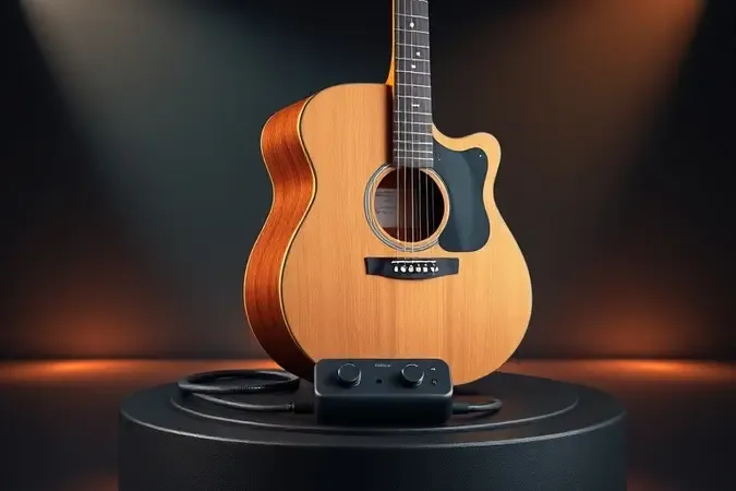 Violão com captação, controles e cabo em cena 3D que representa recursos para apresentações ao vivo.