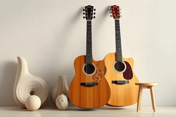 Ilustração 3D de violão folk com corpo amplo, cordas e detalhes em madeira natural.