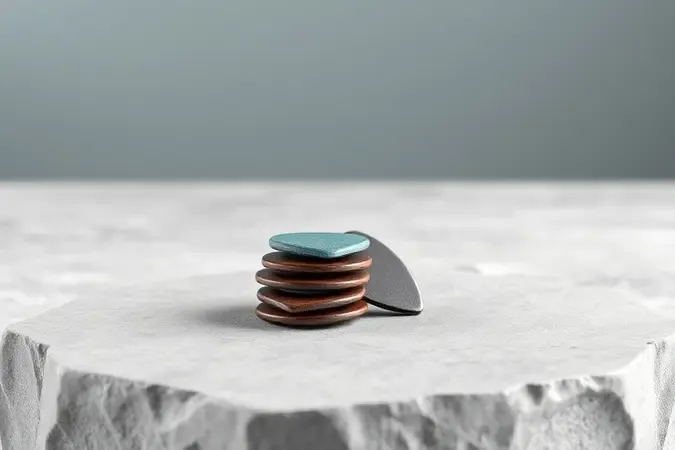 Conjunto de palhetas de guitarra com diferentes espessuras dispostas sobre superfície de pedra.
