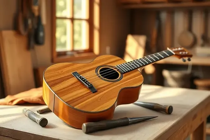 Render conceitual de cavaquinho artesanal em madeira nobre sobre bancada de trabalho com ferramentas delicadas