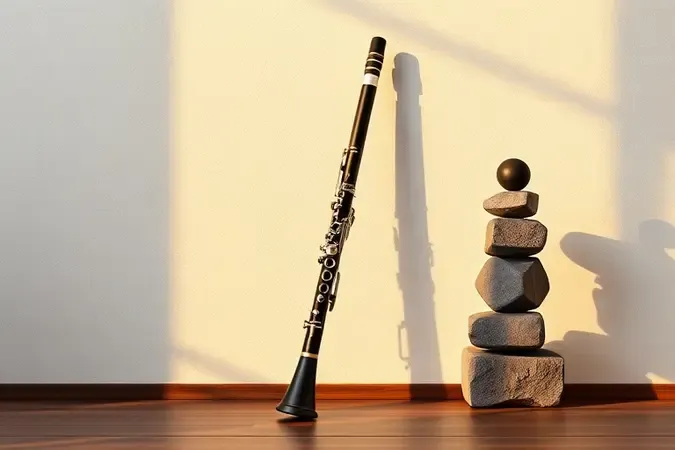 Clarinete moderno sem marca apoiado em cubos geométricos de pedra com iluminação quente e sombras suaves, cena conceitual premium.