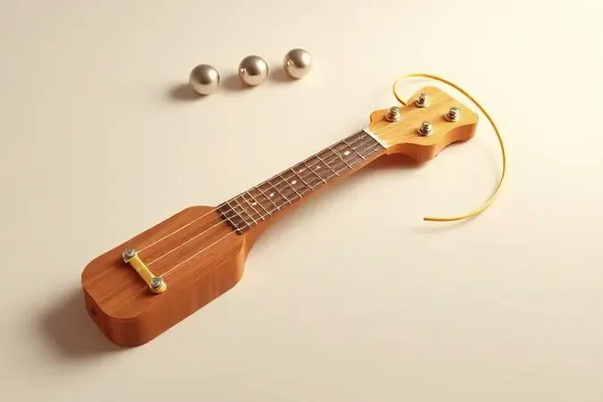 Som horizontal de um ukulele com cravelhas luminosas e corda estilo abstrato ilustrando afinção e troca de cordas