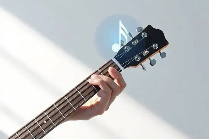 Visão conceitual de mão abstrata afinando a cordas do violão com indicação holográfica de nota precisa