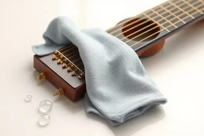 Cena 3D conceitual de limpeza e conservação de cordas de guitarra com pano suave e iluminação clara.
