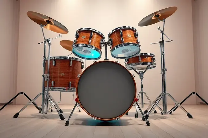 Render 3D de bateria acústica moderna em estúdio para guia de escolha e comparação