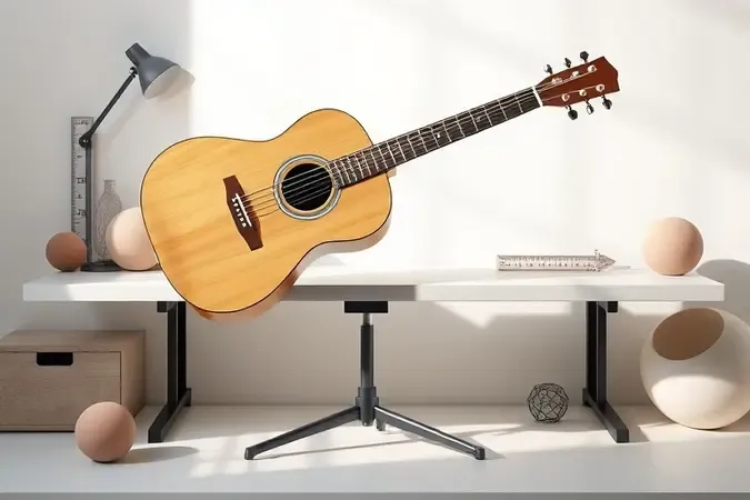 Violão em suporte sobre mesa moderna com elementos geométricos suaves e iluminação limpa