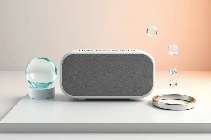 Render conceitual de critérios para escolher caixa de som Bluetooth: áudio, bateria, portabilidade e resistência à água.