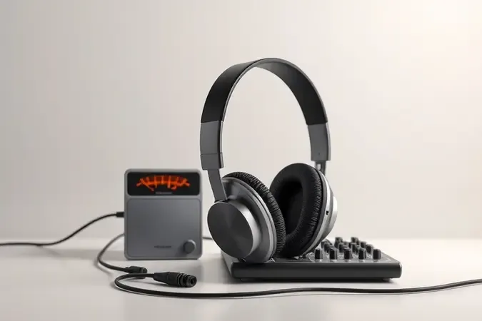 Fone de estúdio em cenário conceitual sobre mesa de trabalho com equipamentos de áudio e iluminação neutra