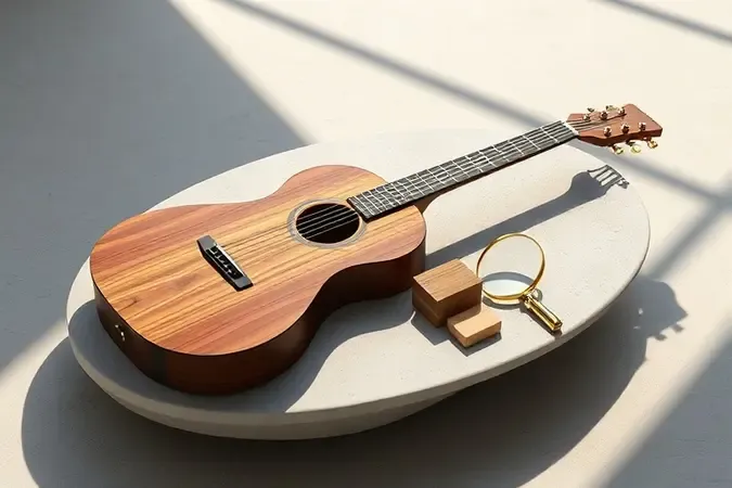 Cena conceitual premium de escolha de guitarra com madeiras e elementos abstratos sob iluminação profissional