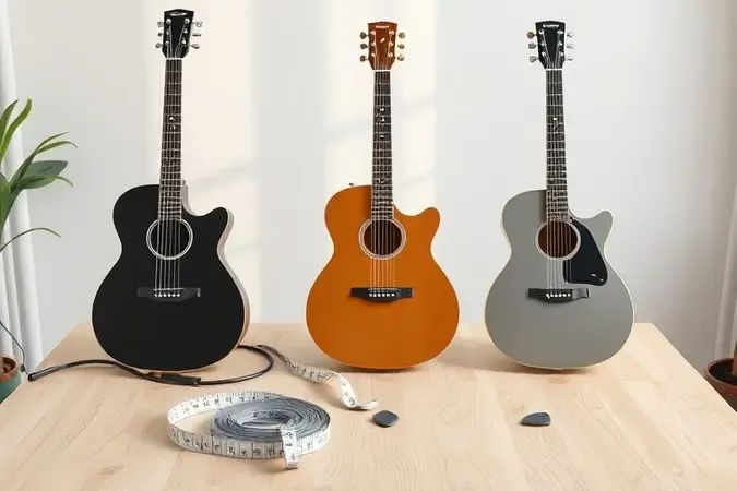 Mesa conceitual com guitarras de tamanhos variados para ajudar iniciantes a escolher o instrumento.