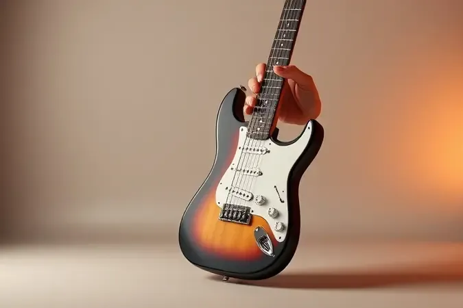 Mão avaliando a ergonomia de uma guitarra elétrica moderna em cenário minimalista para iniciantes.