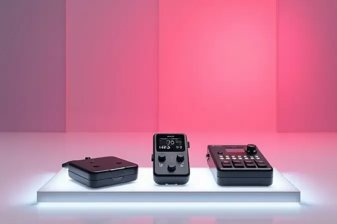 Render conceitual mostrando três tipos de afinadores modernos alinhados em superfície limpa com iluminação profissional
