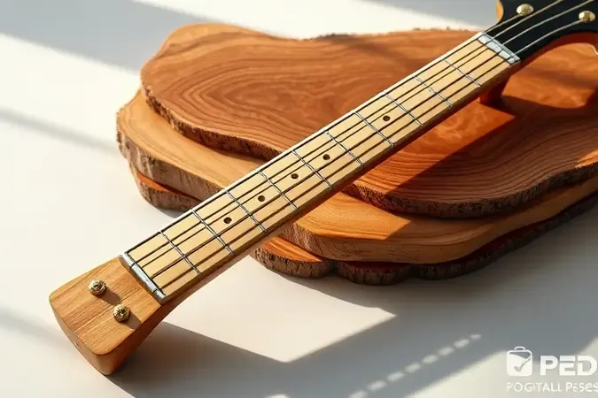 Escolha de baixo 5 cordas com braço elegante sobre peças de madeira exibindo diferentes grãos e tons