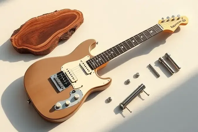 Guitarra elétrica com amostras de madeira e peças de hardware para auxiliar na escolha do modelo.