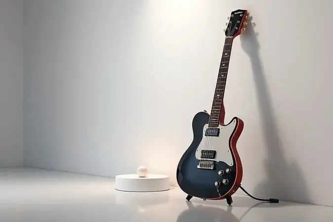 Cena conceitual de guitarra elétrica moderna em estúdio minimalista, ilustrando como escolher o melhor instrumento.